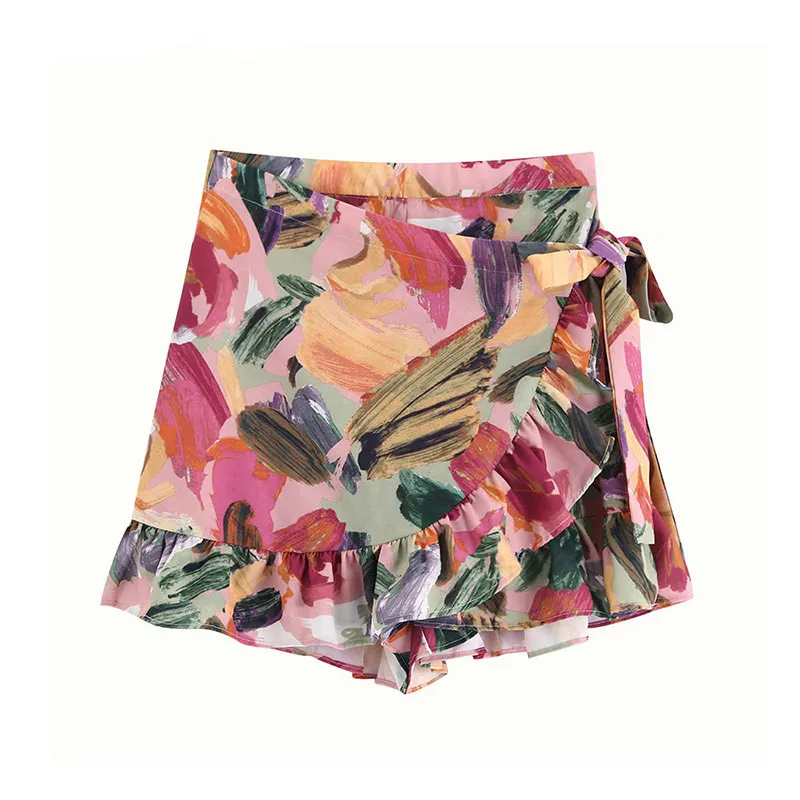 Винтажный Стильный цветочный принт оборками Женские шорты юбки 2019 Мода Высокая