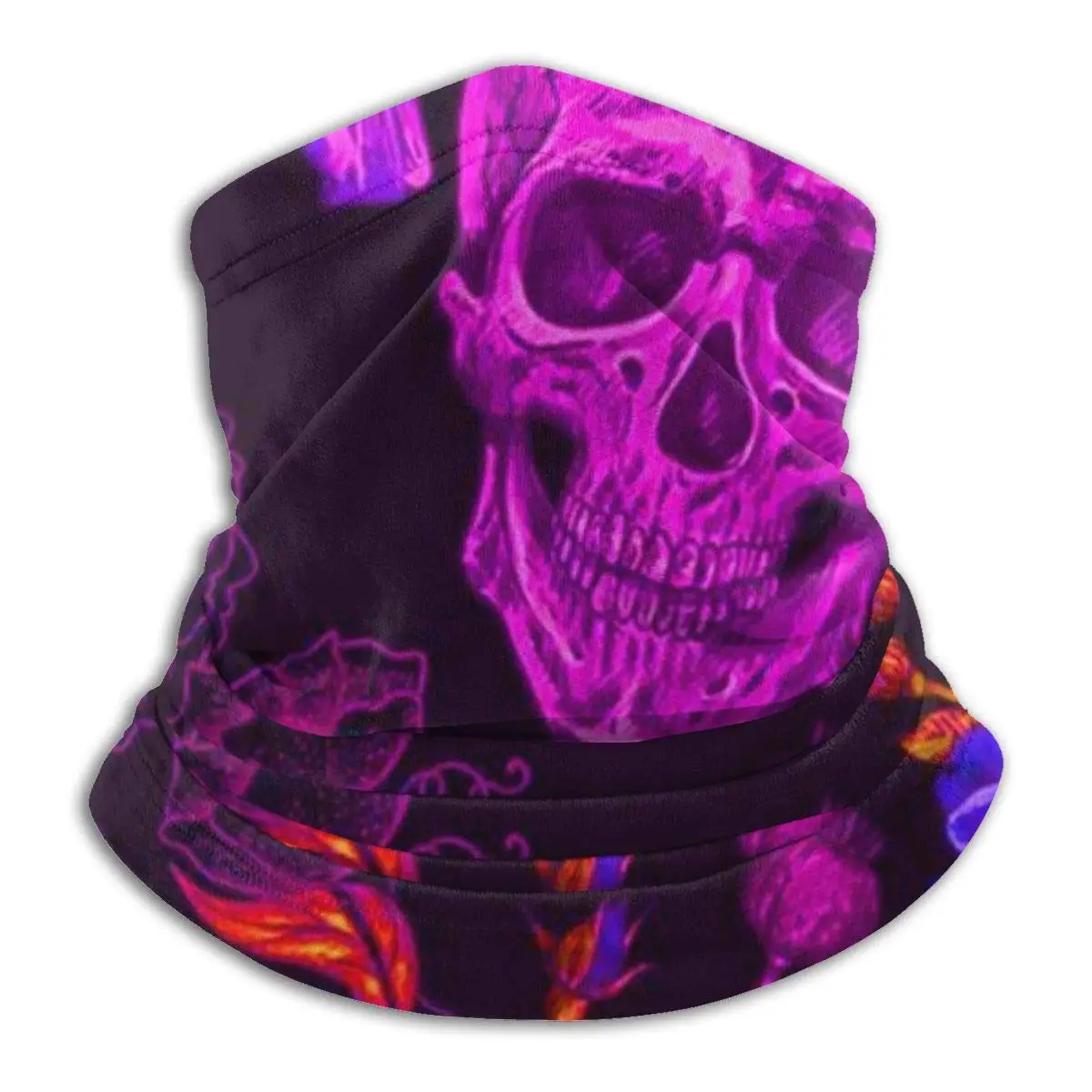 Women Men Boys Girls Purple Psychedelic Mexican Sugar Skulls Day Of The Dead Floral Flowers Neck Gaiter Warmer Half Balaclava |