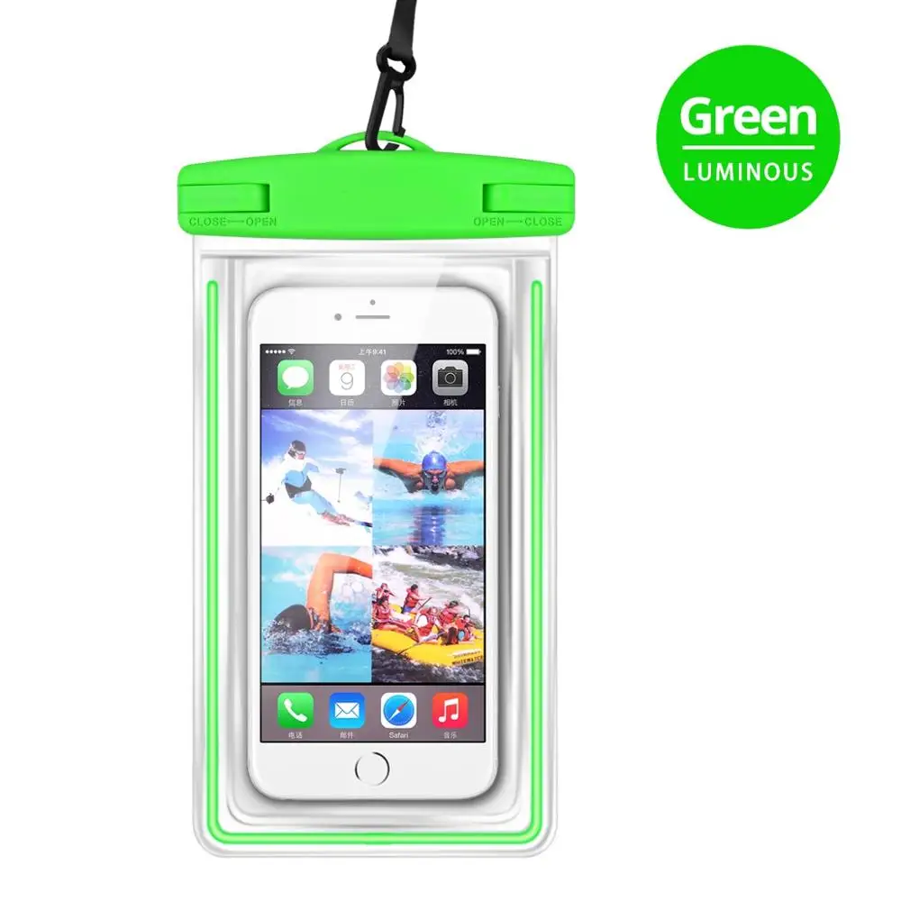 Green waterproof bag FONKEN светящийся водонепроницаемый чехол для телефона Универсальный 6 дюймов IPx8 водонепроницаемый чехол для подводного сенсорного управления прозрачный сухой мешок - Цвет: Green waterproof bag