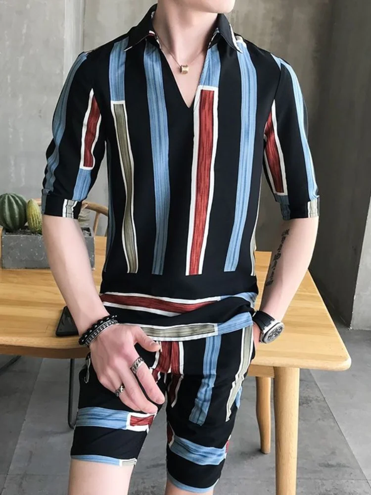 Summer Striped Men's Suit, Ice Silk Short-sleeved Shirt and Shorts, Men's Casual Trendy V-neck  Two Piece Set Summer  Tracksuit