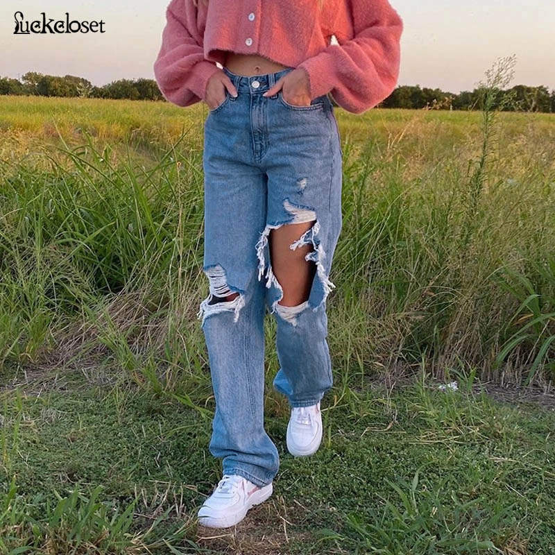 

Пикантные Прямые джинсы с дырками, уличная одежда с карманом, средняя талия, джинсовые брюки для мальчиков Для женщин кисточкой рваные сини...