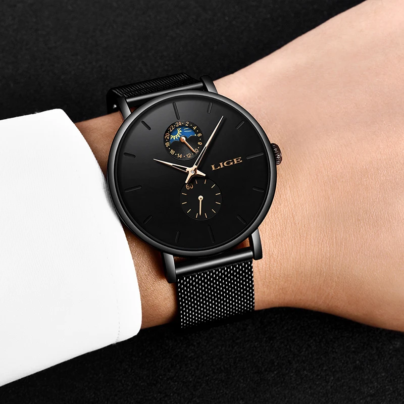 2019 LIGE Мужские часы от ведущего бренда роскошные кварцевые мужские с сетчатым