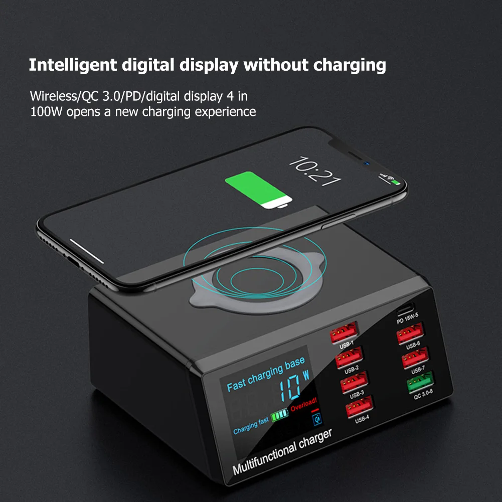 X9 100W 8 Port USB Charger Hub PD Quick Charge 3.0 Adapter LED Digital Display Desktop Charging Station Wireless onX9 100W 8 Портовая зарядная станция USB с PD быстрой зарядкой 3.0 Адаптер LED цифровым дисплеем для настольной зарядки Беспроводная активна.
