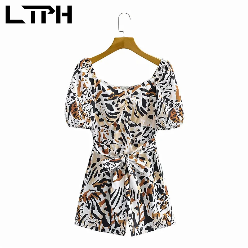 

LTPH Resort style vintage leopard print jumpsuit women elegance square collar rompers casual fashion Playsuits 2021 summer new