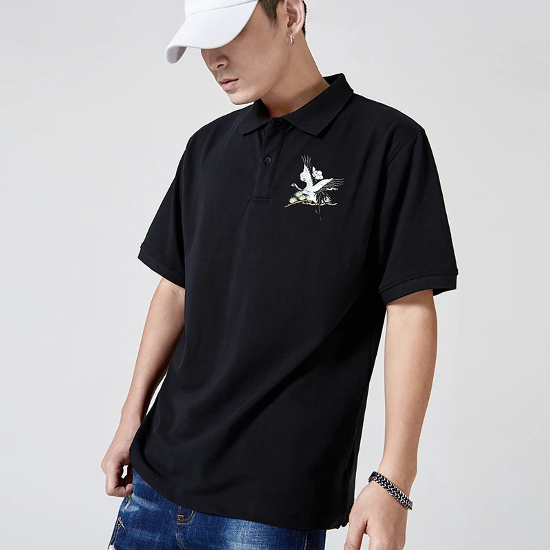 

Chinese style embroidery crane short sleeve men's summer polo shirt with lapel collar