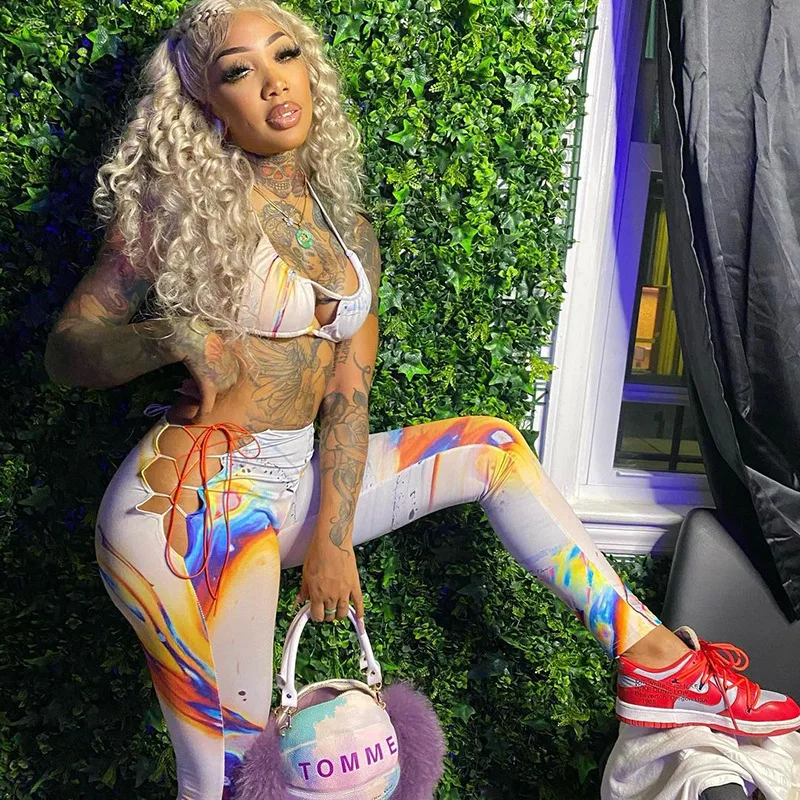 

FMZXG Printed Bodycon Two Piece Sets Women Streetwear Fashion Skinny Sexy Sleeveless Halter And Tie rope Pants Co-ord Outfits