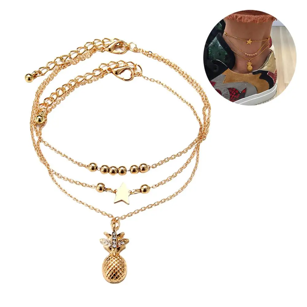 Модный женский браслет многослойный ананас звезда бусины болтаются на ногу