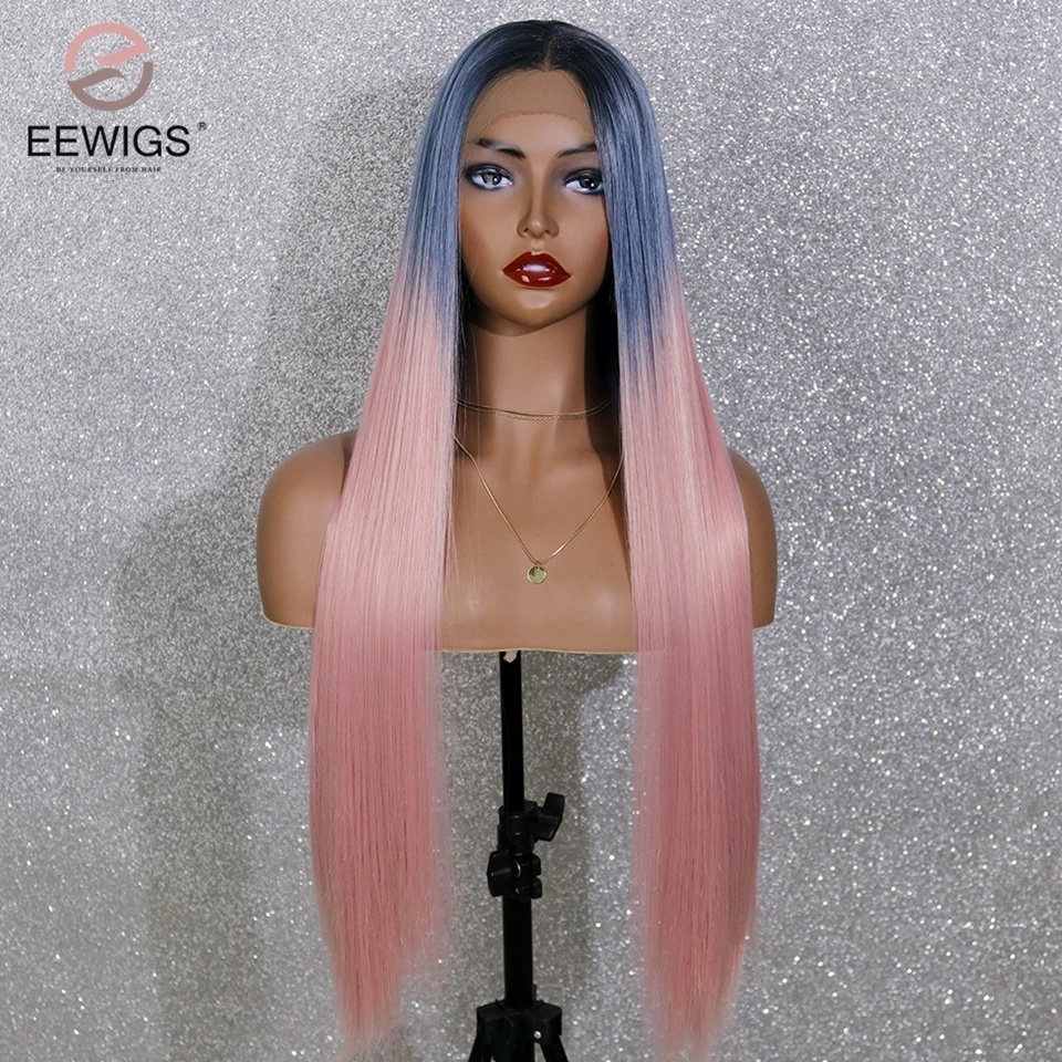 EEWigs термостойкие прямые синтетические парики на кружеве Glueless косплей парик черный синий розовый 3 тона Омбре парики для женщин