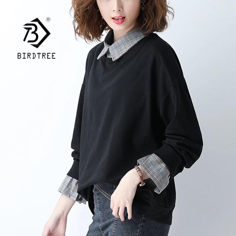 

2020 Autumn Winter Plus Size Fake Two Piece Pullovers Women Loose Tops Zipper Patchwork Jumpers Sweatshirts T08107R