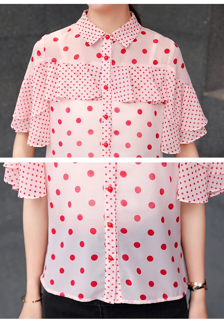 

Polka Dot Ruffled Patchwork Chiffon Short-Sleeved Shirt Female Summer Korean Loose Design Single-Breasted Women Shirt