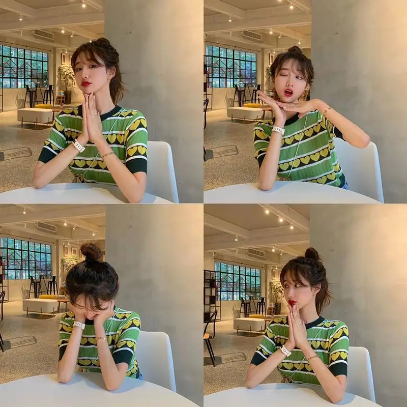 

Hollow thin short sleeve sweater summer breathable avocado green t-shirt coat female student Xuan elegant wind 2021 new