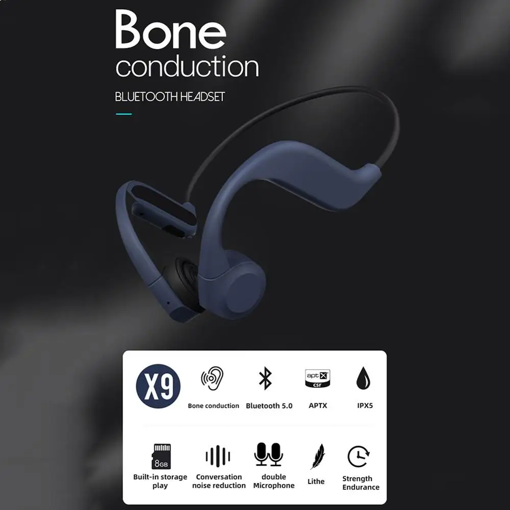 X9 bone conduction Bluetooth headset IPx5 Waterproof built-in 8GB memory dual MIC noise reduction sports riding bone headphones |