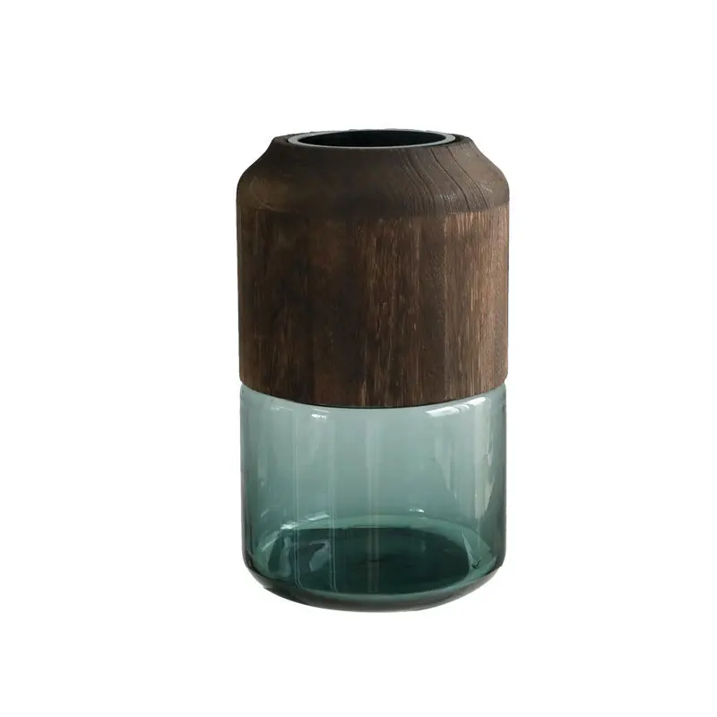 

European Light Blue Glass Vase Wooden Base Cylindrical Flower Pot Dried Flower Vases Home Decoration Accessories Modern