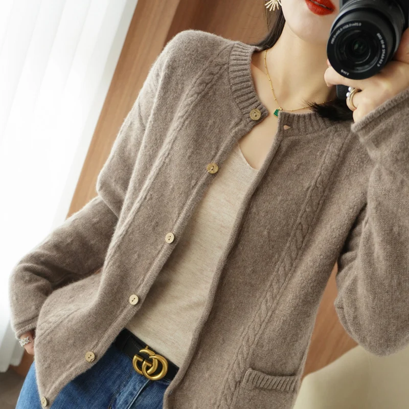 

2021 autumn and winter new cashmere cardigan women's lavender purple twisted loose cardigan round neck cardigan jacket jacket