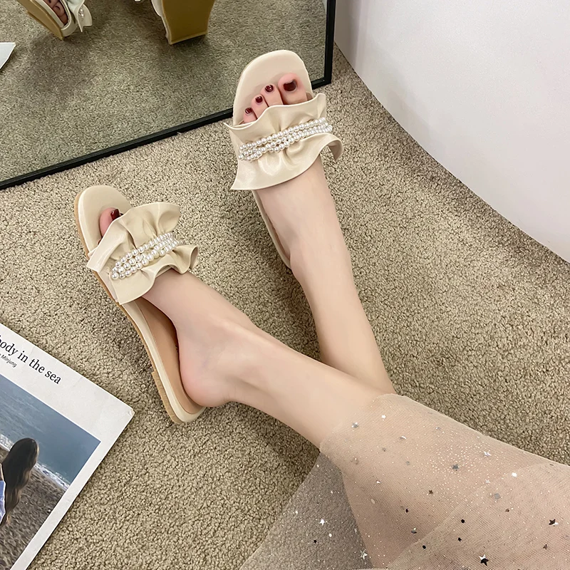 

Female Shoes Ladies' Slippers Luxury Slides String Bead Summer Clogs Woman 2021 Designer Flat Beach Basic Rubber Fabric PU