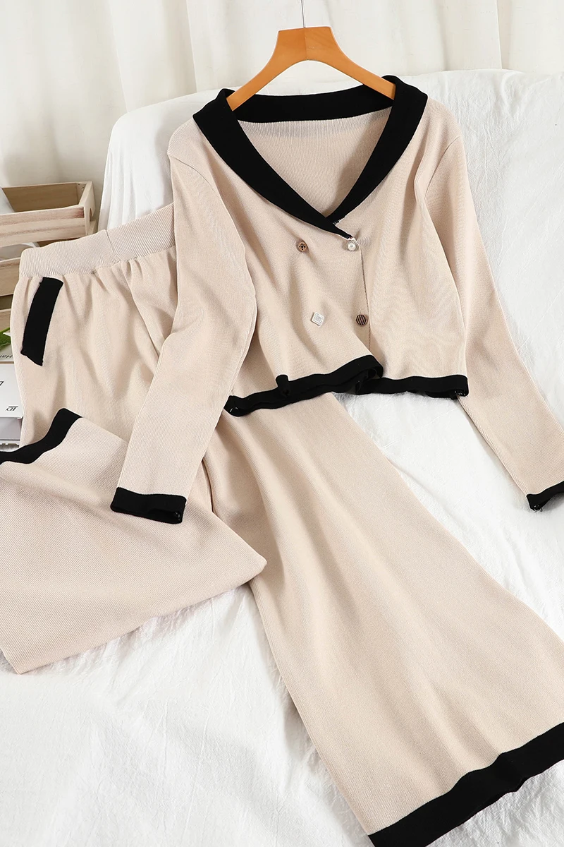 

V978 New Product Fashion Suit Loose Short Knit Sweater Top Straight Wide Leg Casual Pants Two-piece Set Women