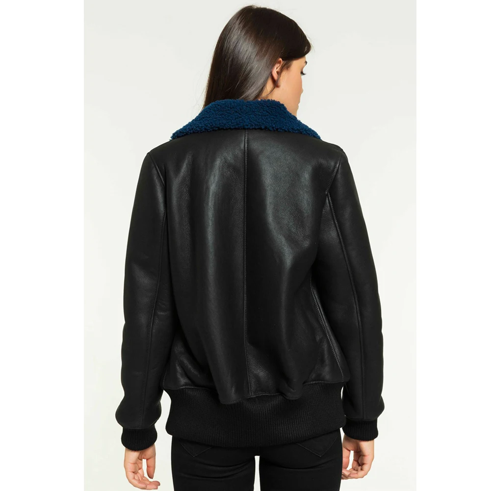 2019 New Womens College Shearling Jacket Turkey Sheepskin Coat Black Leather Jacket Short Fur Coat