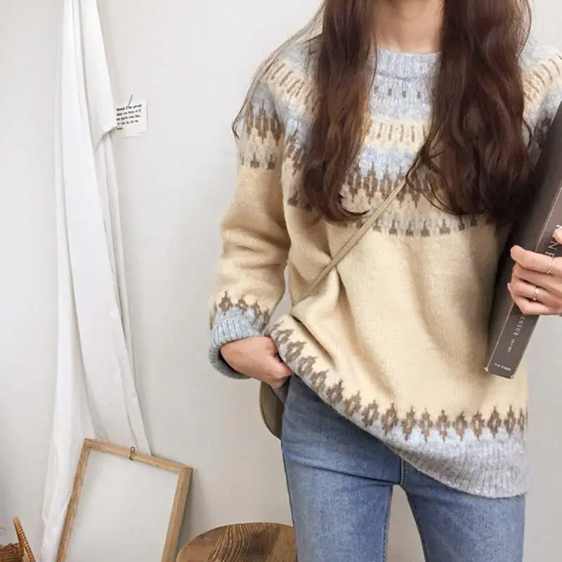 

Nicemix Autumn Vintage Sweater Women Casual Pullovers Geometric Jumpers Argyle Knitwear Korean Streetwear Pull Femme Hiver 2020