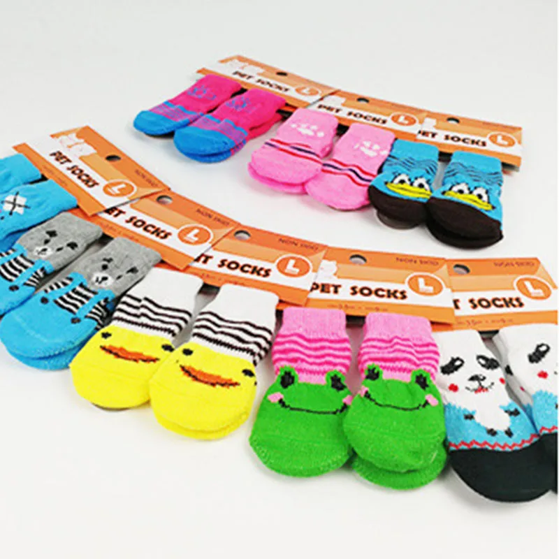 

4Pcs/Set Warm Puppy Dog Shoes Soft Pet Knits Socks Cute Cartoon Anti Slip Skid Socks For Small Dogs Breathable Pet Product S/M/L
