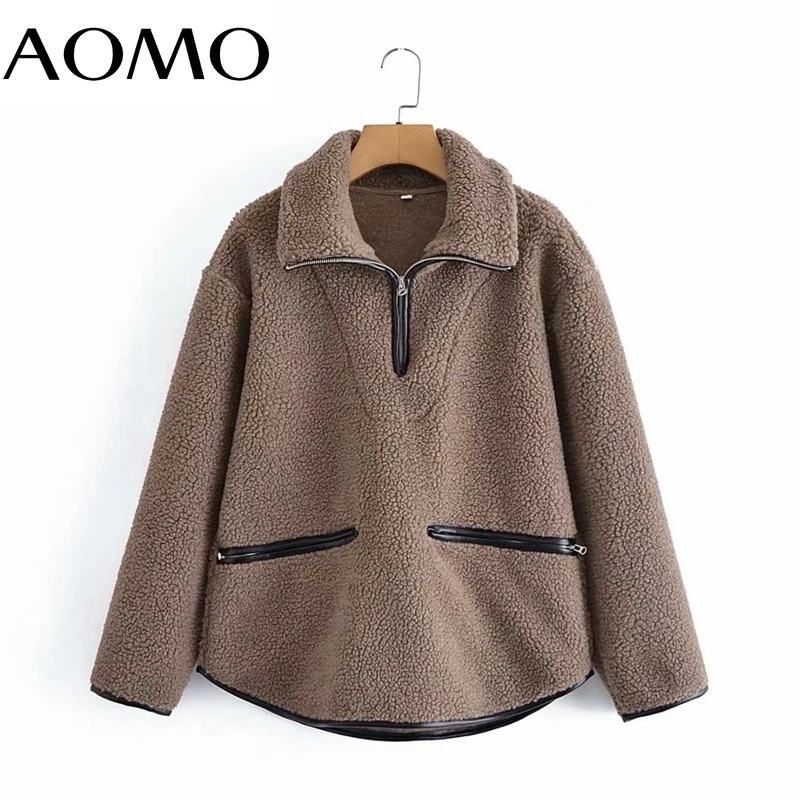 

AOMO 2021 Winter Women Solid Oversize Fleece Coat Thick Long Sleeve Zipper Female Warm Coat 2G49A