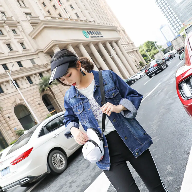 Женская джинсовая куртка на пуговицах Повседневная синяя большого размера с