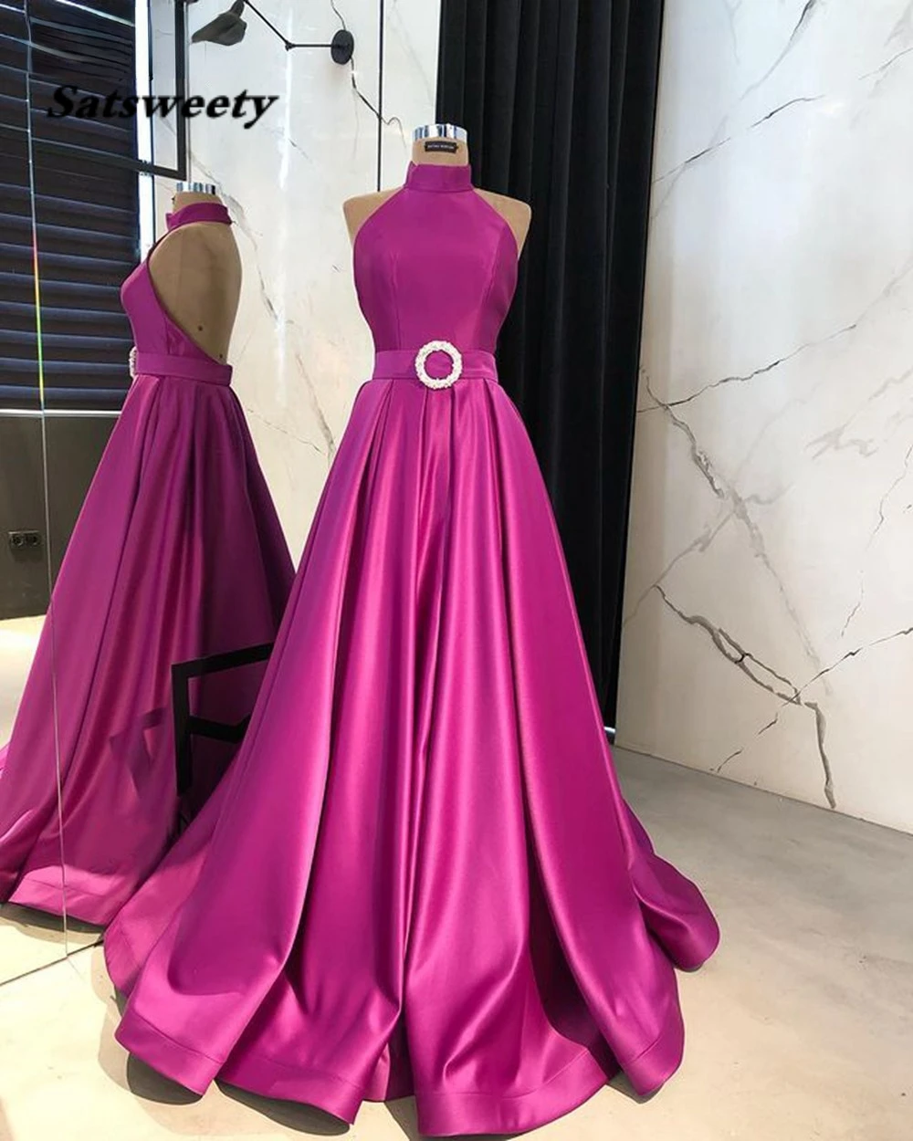 Длинное простое вечернее платье 2022 с высоким воротом без рукавов ярко-розовое платье саржа сатин африканские женские вечерние платья