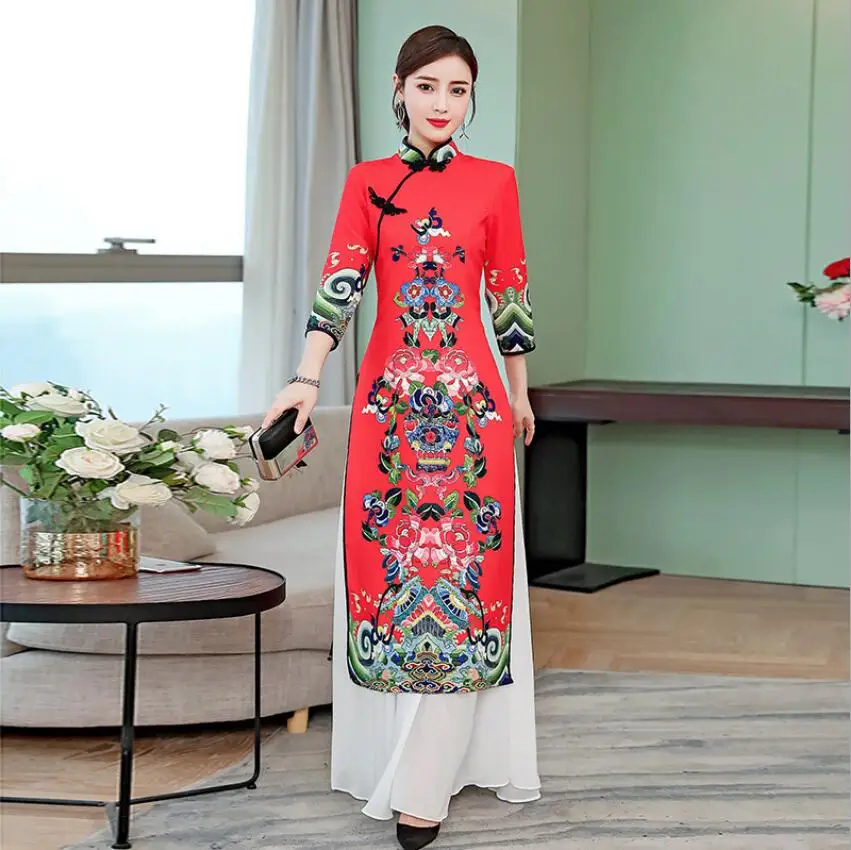 

Vintage Chinese Style Cheongsam Long Gown Qipao Retro Womens Party Evening Dress Vestidos Clothing Plus Size