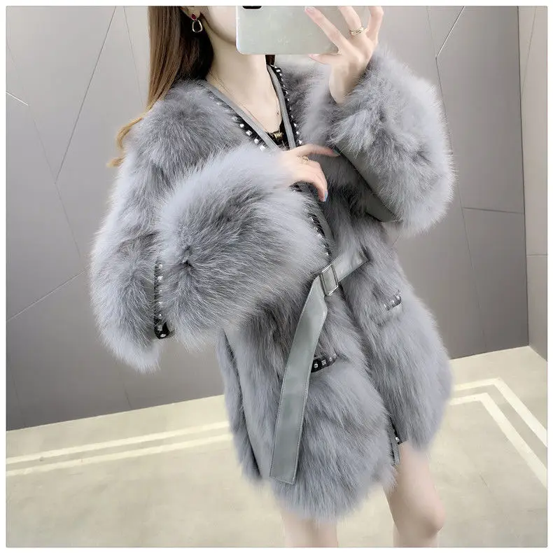 New high-end thickened fur coat women's fashion cardigan rivet waist imitation fur one coat short fashion