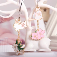 cute japanese rabbit keychains smart phone strap lanyards for car keys mobile phone charms bag decor sweet cheery flower pendant