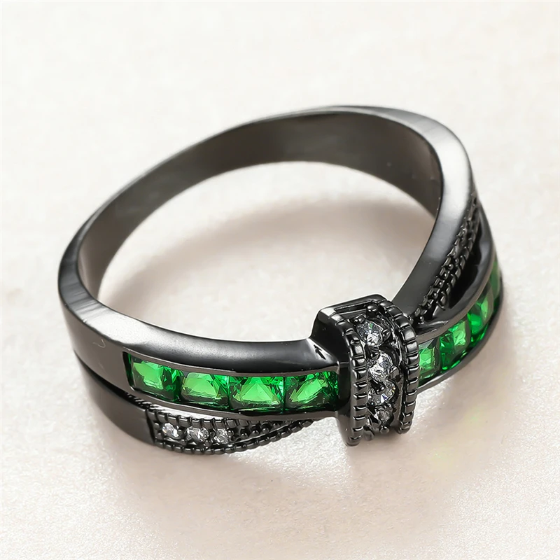 

Trendy Female Green Crystal Stone Rings Charm 14KT Black Gold Wedding Rings For Women Cute Bride Bow Zircon Engagement Ring