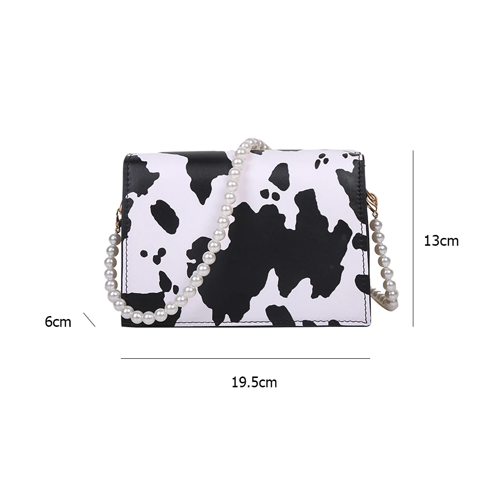 

Fashion Milk Pattern Flap Shoulder Crossbody Messenger Bag Women Casual PU Leather Small Square Pearl Chain Bags