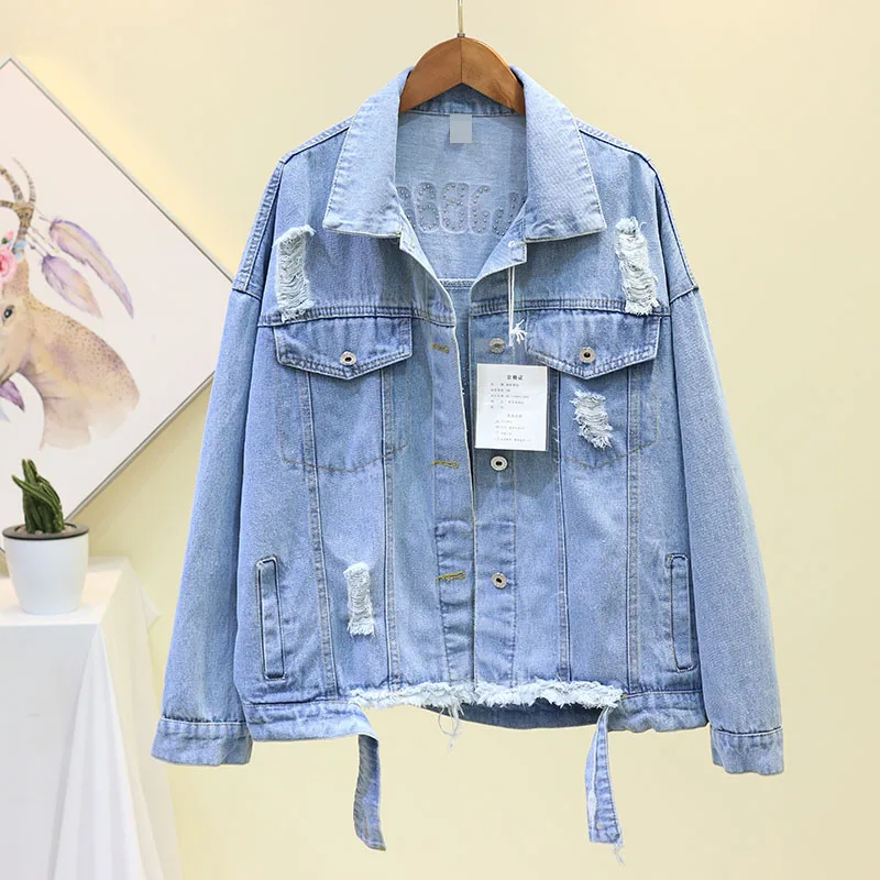 Женская джинсовая куртка с дырками Повседневная Свободная бусинами верхняя