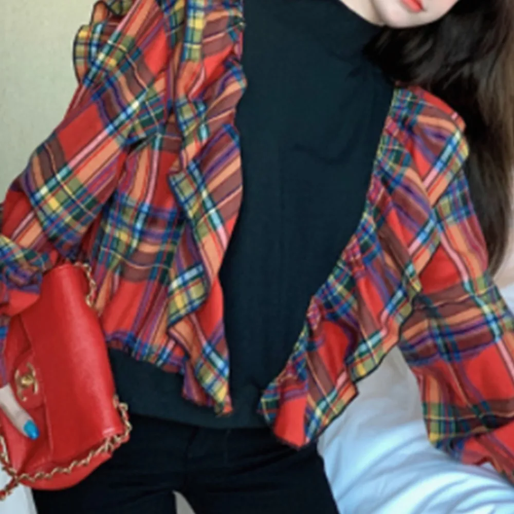 

Vintage Patchwork Top Women Creativity Turtleneck Contrast Color Plaid Shirt Women Fashion All-Match Tees Top