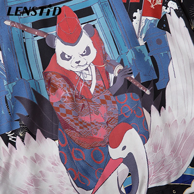 LENSTID Japanese Samuri Panda Print Kimono Cardigan Jackets Harajuku Streetwear Hip Hop Summer Thin Loose Clothing Fashion Tops | Мужская