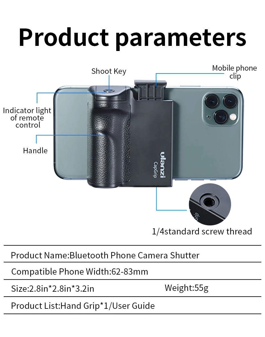 

Ulanzi CapGrip Smartphone Wireless Bluetooth Selfie Booster Handle Grip Phone Stabilizer Stand Holder Tripod Mount
