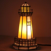 lighthouse tiffany style stained glass table lamp night light with lookout platform lights 9 84 inch tall