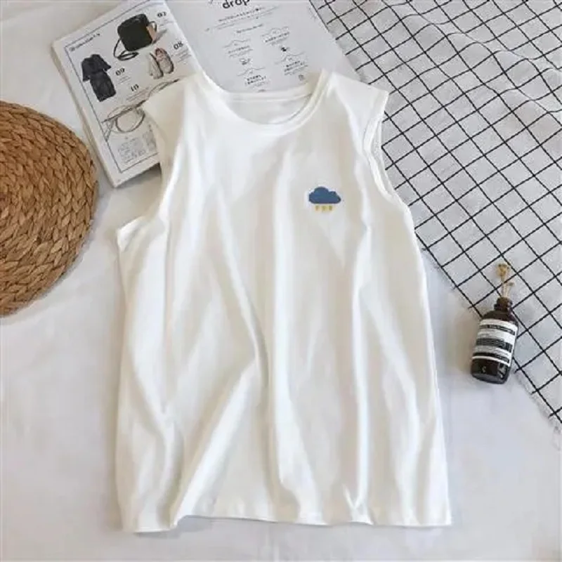 

Summer vest female harajuku loose sleeveless t-shirt sun moon embroidery Female clothing Oversized t-shirt y2k crop top Kawaii