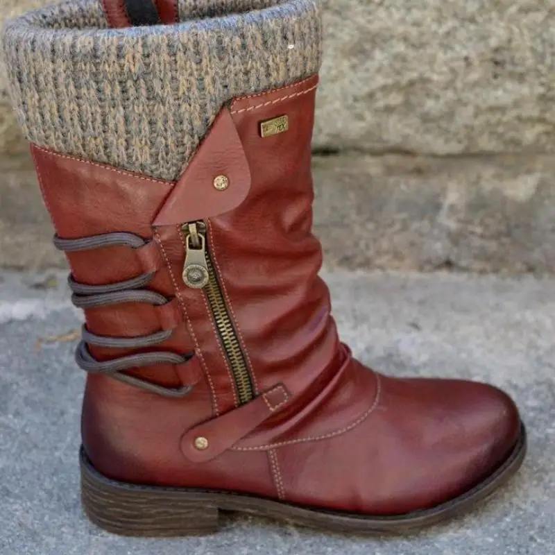 New Retro Woman Shoes Pu Leather Winter Boots Women Fashion Vintage Rivets Round Toe Lace-Up Mid-calf Zipper Boots 43