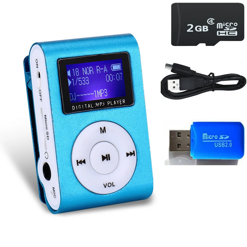 2 Гб памяти автомобиля мини USB Клип ЖК-экран MP3 музыкальный плеер Поддержка MP3-плеер USB линия передачи данных наушники спортивный металлический музыкальный плеер - Цвет: Синий