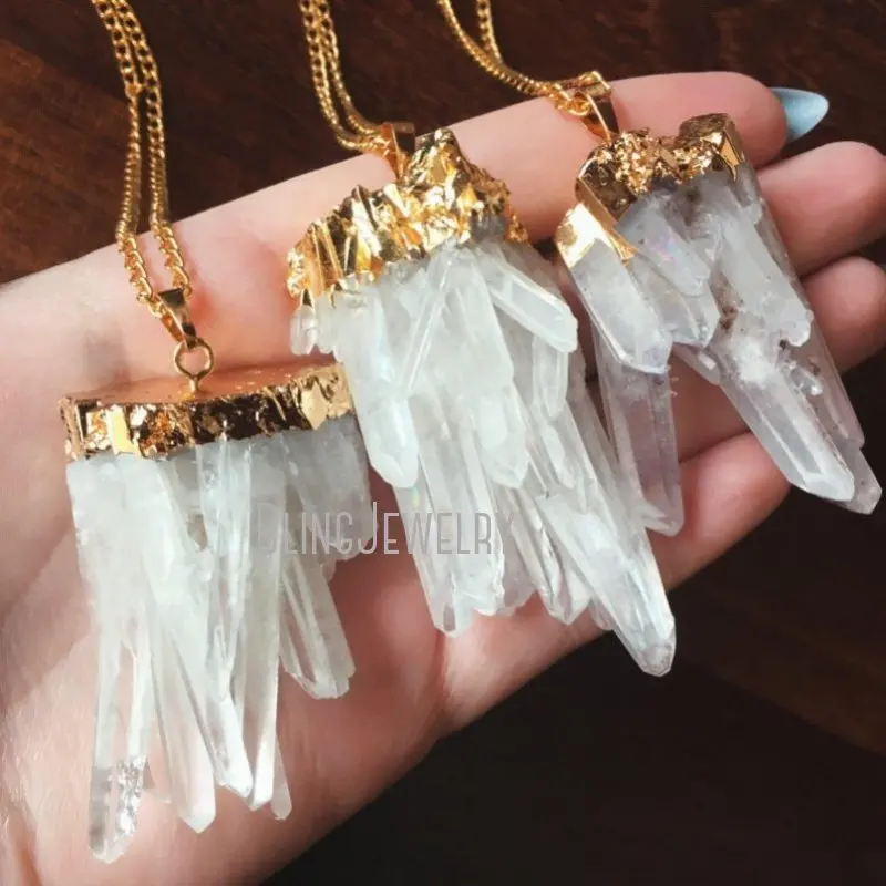 NM39711 Ice Cluster Crystal Necklace Druzy Clear Natural Raw Rough Stone Dipped Spike Point Plated Chain Unisex Jewellery