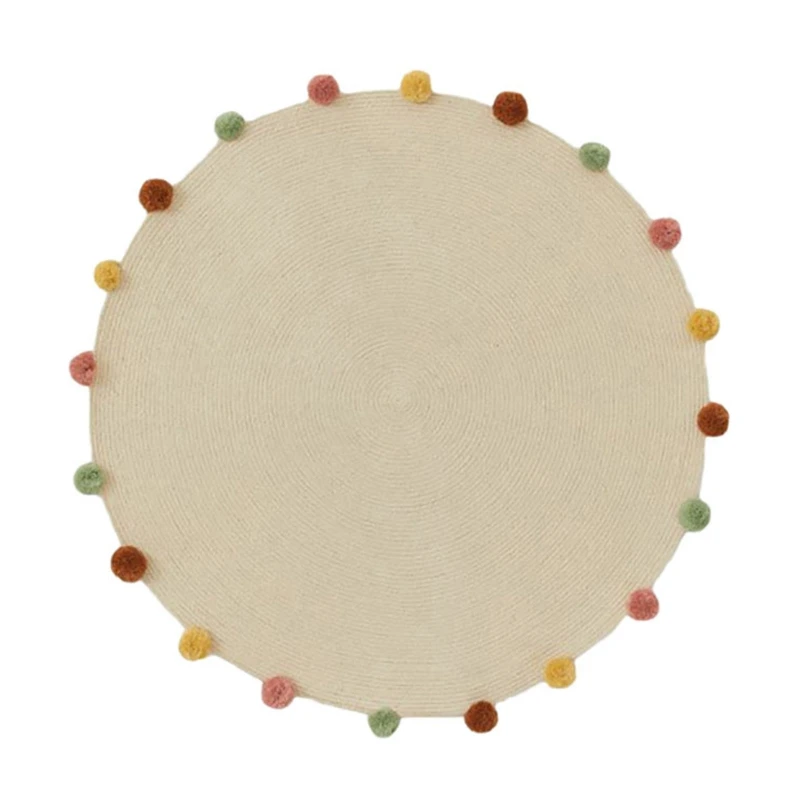

Newborn Play Game Rugs Round Floor Carpet Mat Room Decor Baby Hand Woven Cotton Crawling Pad with Wool Ball