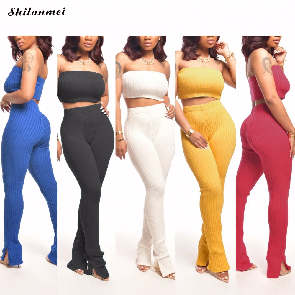 

Sexy Knit Two Piece Set Summer Tracksuits for Women Crop Top And Split Flare Pant Suits 2 Piece Club Outfits Matching Sets