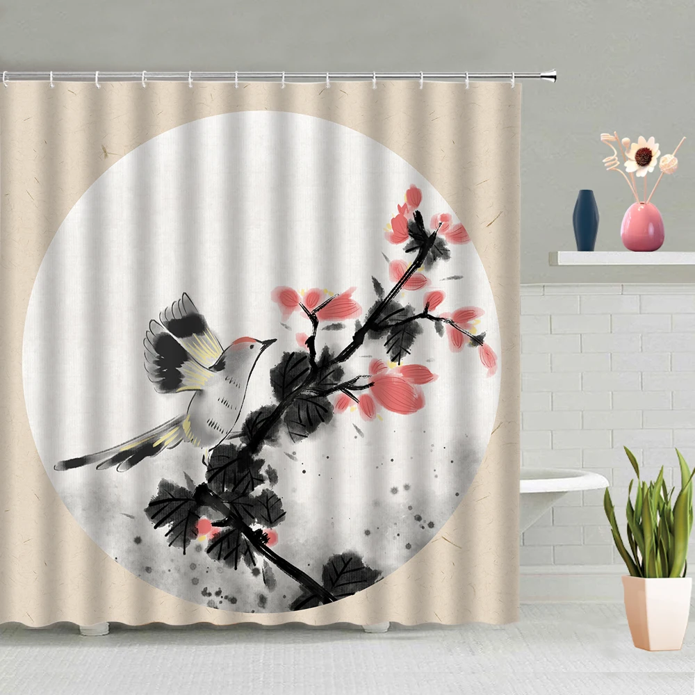 

Занавеска для душа в китайском стиле, декоративная занавеска с рисунком чернил, цветы, птицы, бабочки, украшение для гостиной, экран для ванн...