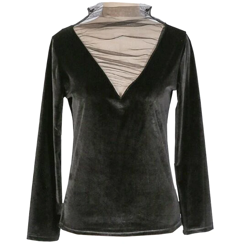 

T-shirt Female Loose Long Sleeve Autumn New Style Plus-sized Fat mm Mesh Patchwork Stand-up Collar Sexy Base Pleuche Top