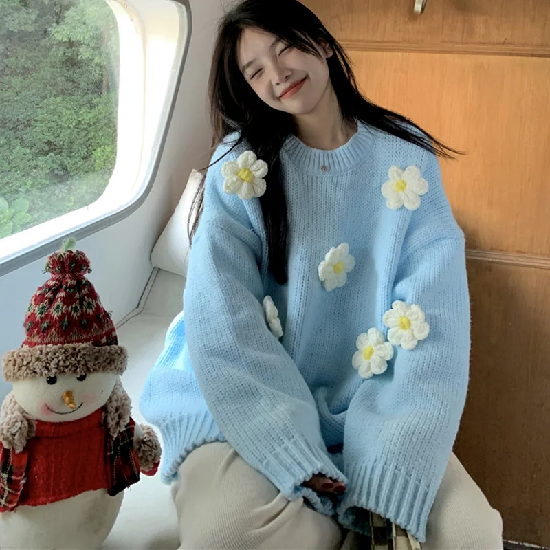 

Осень-зима 2021, новинка, корейская мода, элегантный милый с круглым вырезом и цветочным коллажем, дизайнерский Свободный Повседневный Мягкий...