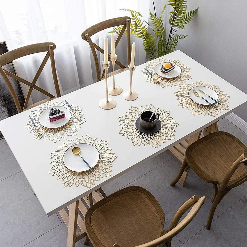 

PVC Material Placemat Hollowed Gold Stamping Placemat Hibiscus Flowers Shape Unique Placemat for Home Decor Dining Table