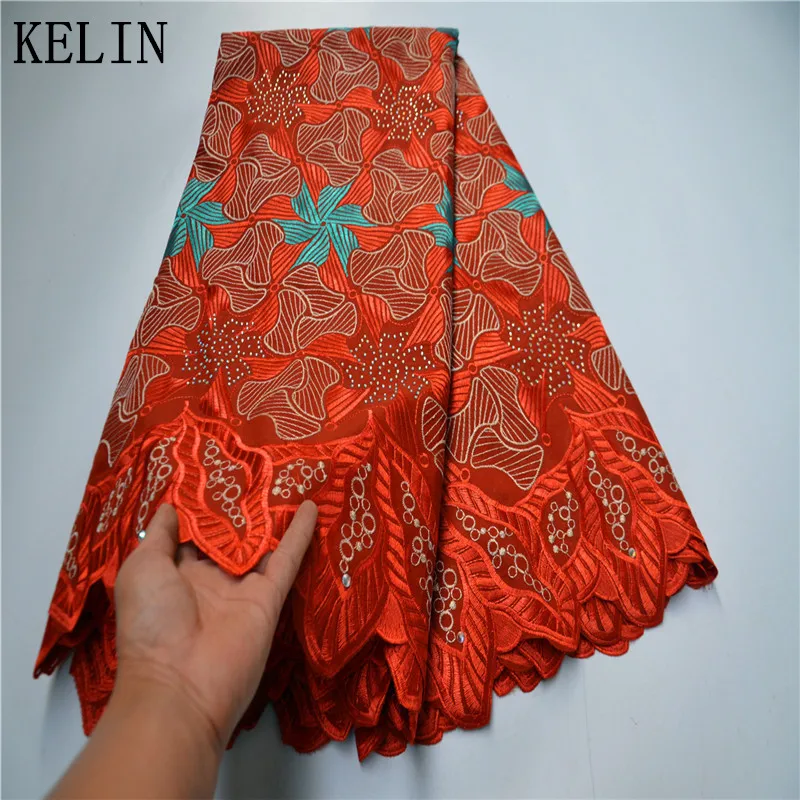 

Hot sale 5 Yards red High quality African Swiss Voile Lace for wedding Swiss 100% Cotton Fabric with stones CLP-653