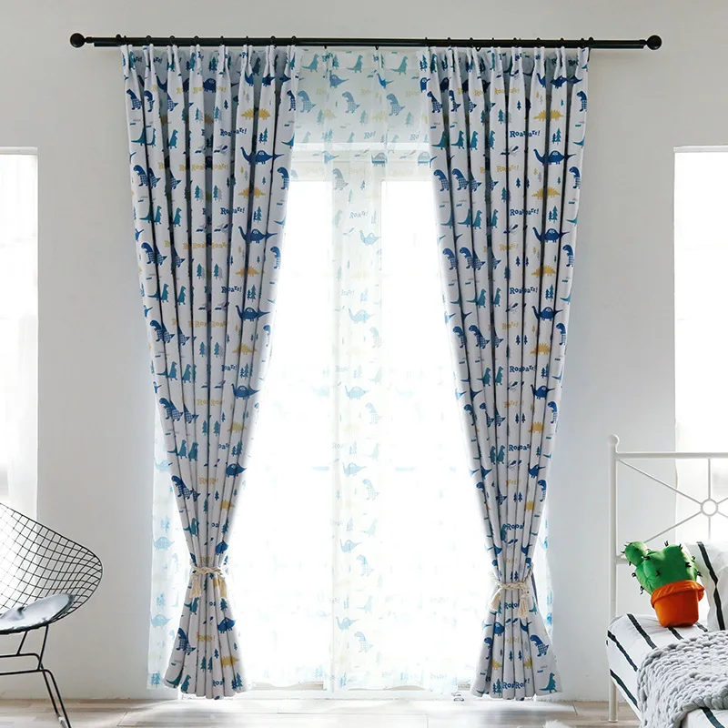 Modern Simple Small Dinosaur Blue Printing Shading Curtains for Living Dining Room Bedroom. | Дом и сад