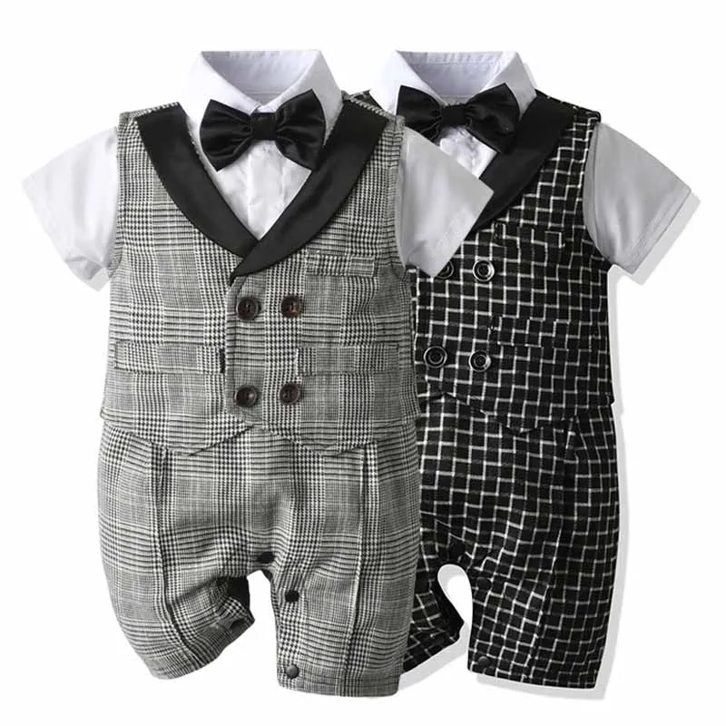 

Formal Romper Newborn Baby Boys Clothes for Summer Outfits Cotton Short-Sleeve Clothes Fake One Pieces Covered Button 0-24 M