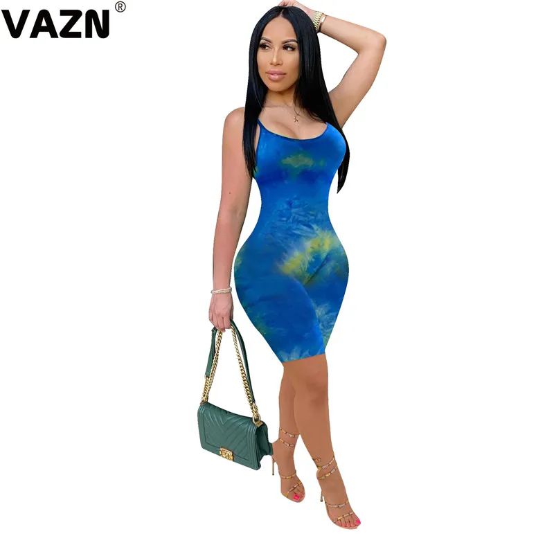 VAZN Sexy popular 2020 summer sexy lady blue gradient print playsuit spaghetti strap skinny springy large size | Женская одежда